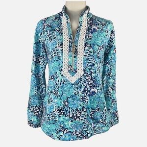 Lilly Pulitzer Women's Blue Janie Pop Over Quarter Zip Sweatshirt Size S UPF 50